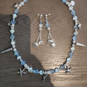 Hand Crafted Blue and Silver Necklace with Starfish Charms